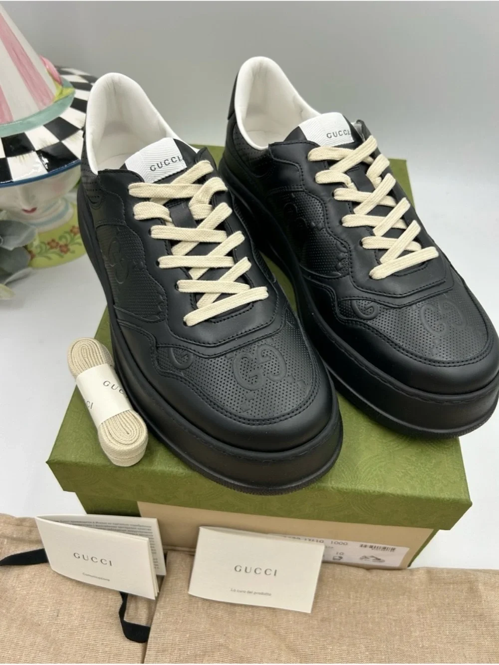 Gucci GG embossed black leather sneakers size 10 fits 10.5 US made Italy